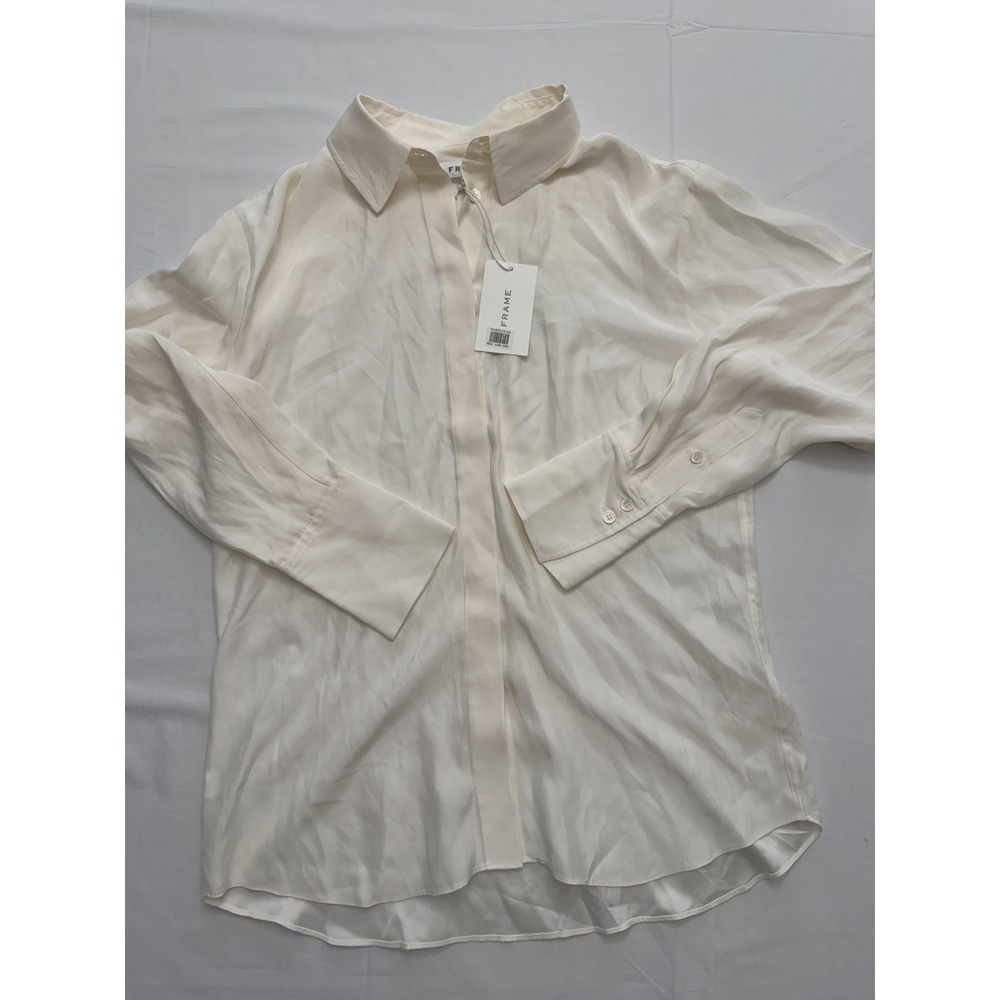 FRAME Shirt Womens Large White Silk Button Front Long Sleeve Collared Blouse